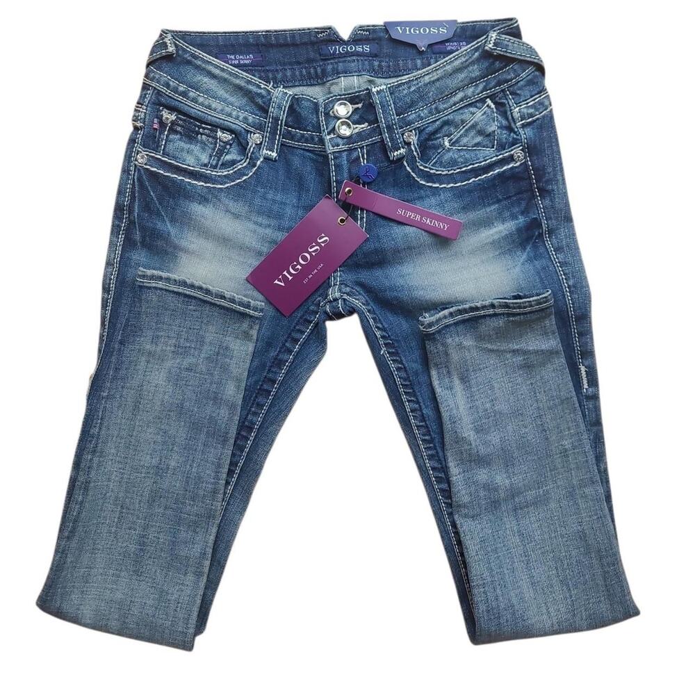 NWT Vigoss The Dallas Super Skinny Jeans W25 L29 Embellished Flap Pocket Y2K